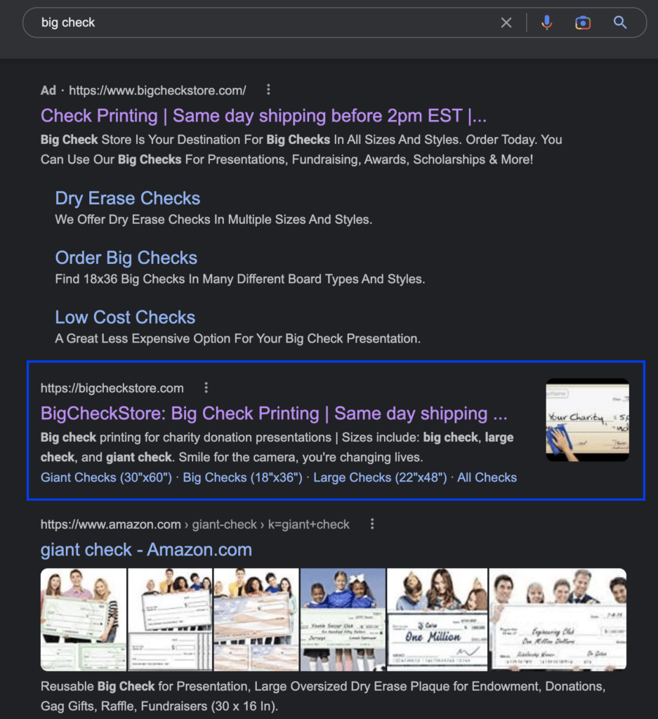 Screen shot of the search term "big check" on google