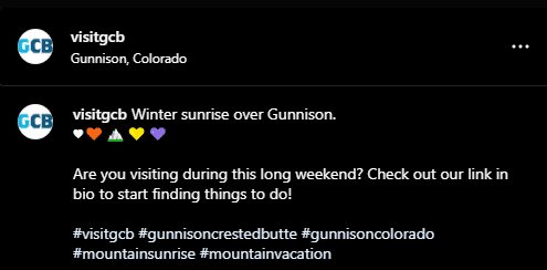 Screenshot of VisitGCB using relevant hashtags such as "mountainvacation" to get in front of more users.