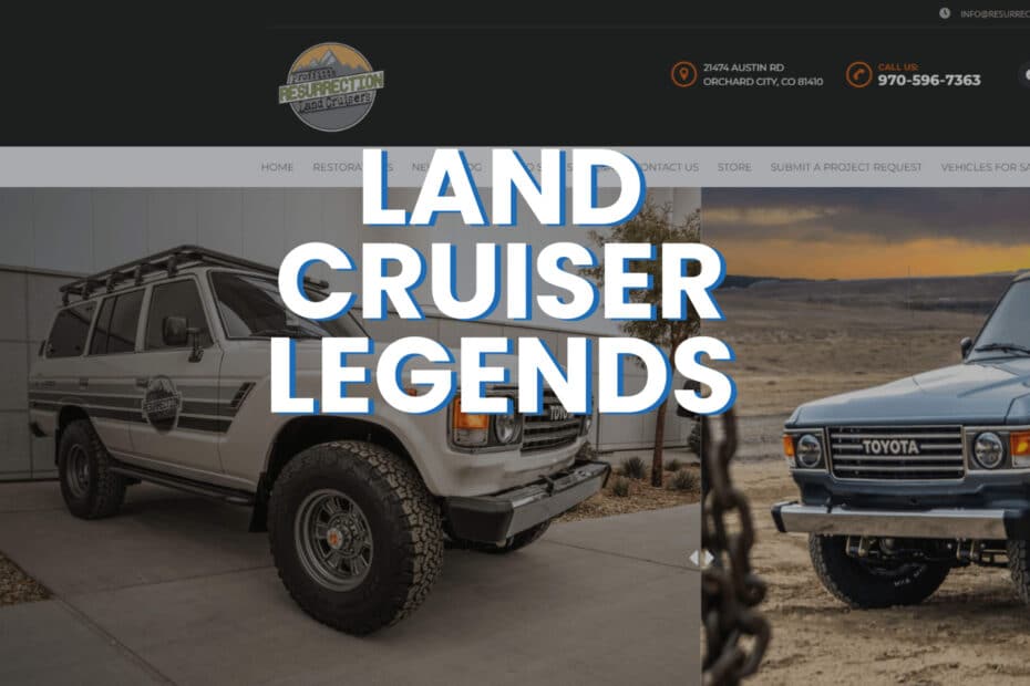 screenshot of land cruiser website with the words land cruiser legends over the top in white