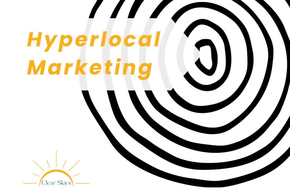 Hyperlocal Marketing in yellow text with a hand drawn bullseye in black with a white background