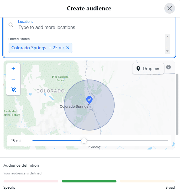 paid digital marketing screenshot of a 25 mile radius of colorado springs in the instagram marketing app