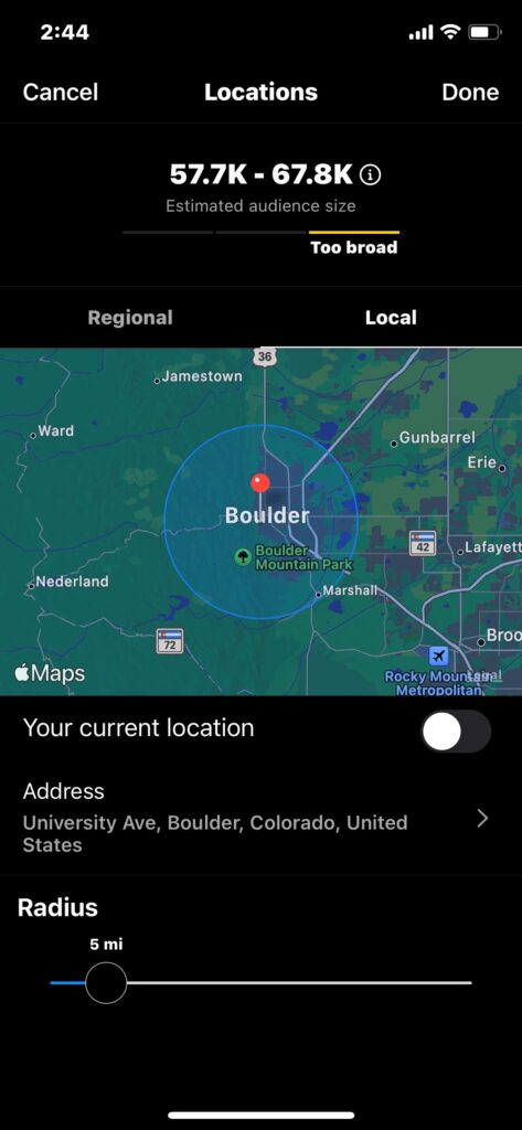 Screenshot of Instagram ad on mobile showing the audience size of a location with a 5 mile radius