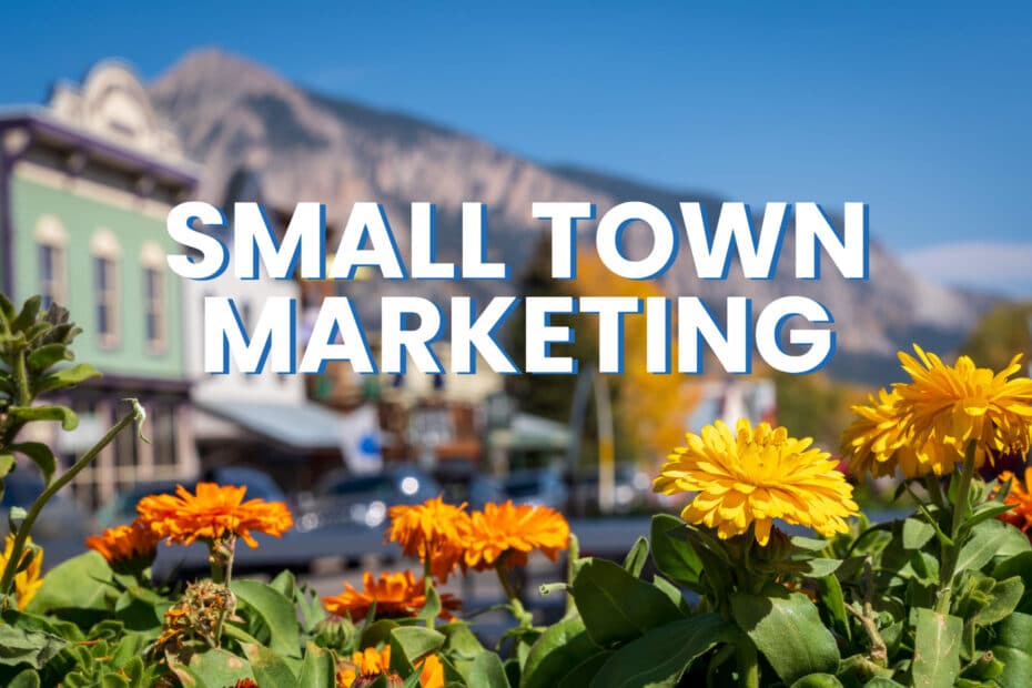 yellow flowers with the town of crested butte blurry in the background with mount crested butte behind the buildings. Text reads small town marketing in white