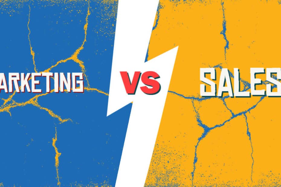 Marketing on a blue background with yellow cracks Vs Sales on a yellow background with blue cracks