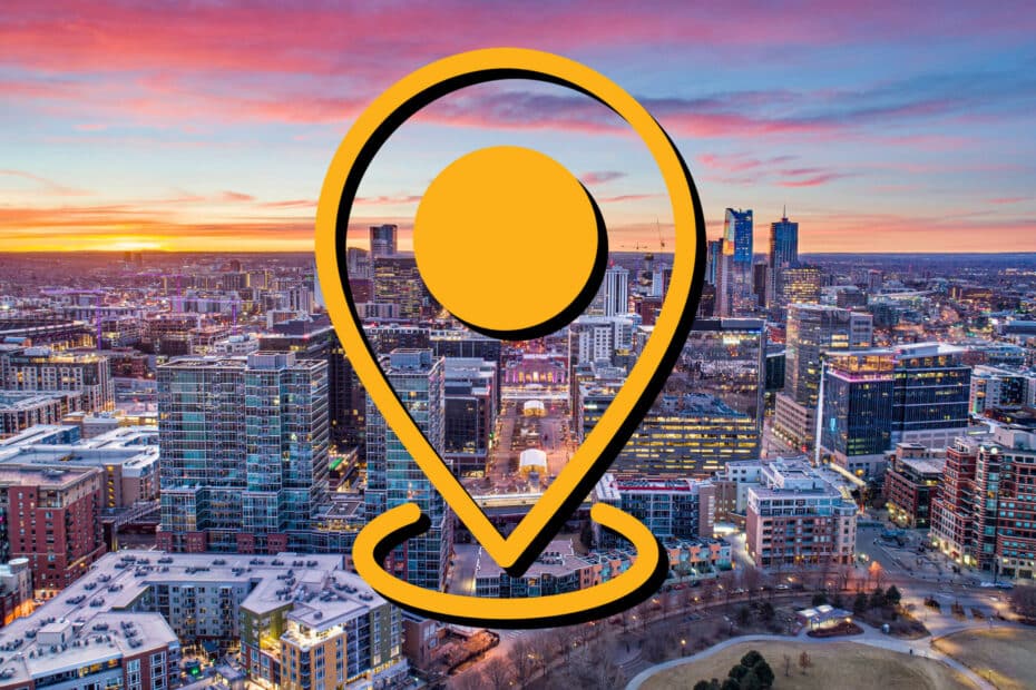 Denver Skyline With Yellow Pin-drop location