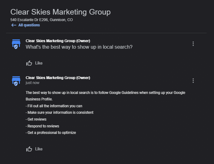 Clear Skies Marketing Group Question and Answer screenshot on Google