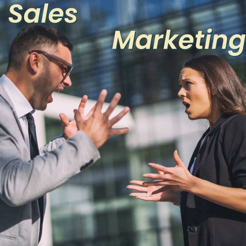 two people arguing, one person is a salesman and the other is the marketing director.