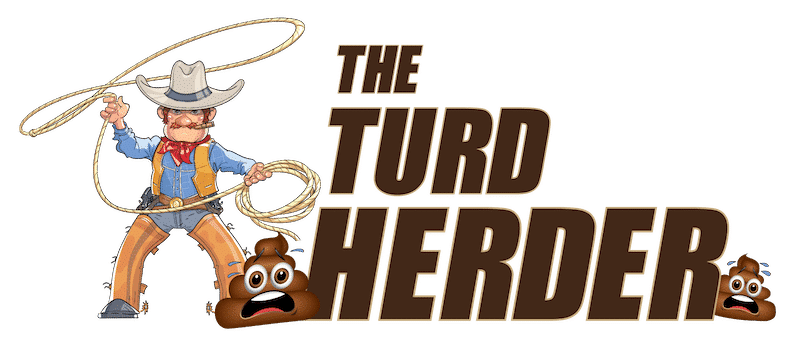 The Turd Herder logo is a cowboy with a lasso about to catch a poop emoji.