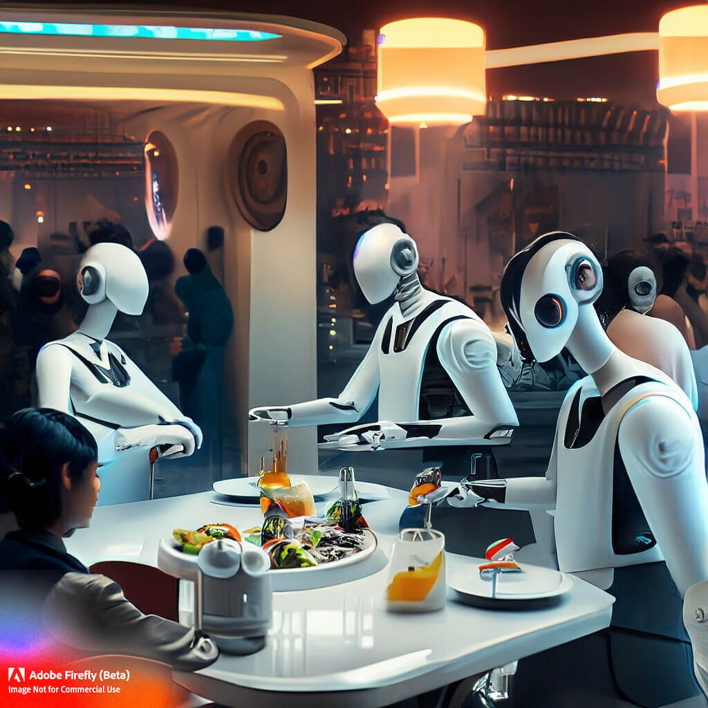 woman sitting in a futuristic restaurant being served by robots. Image created by Adobe Firefly AI