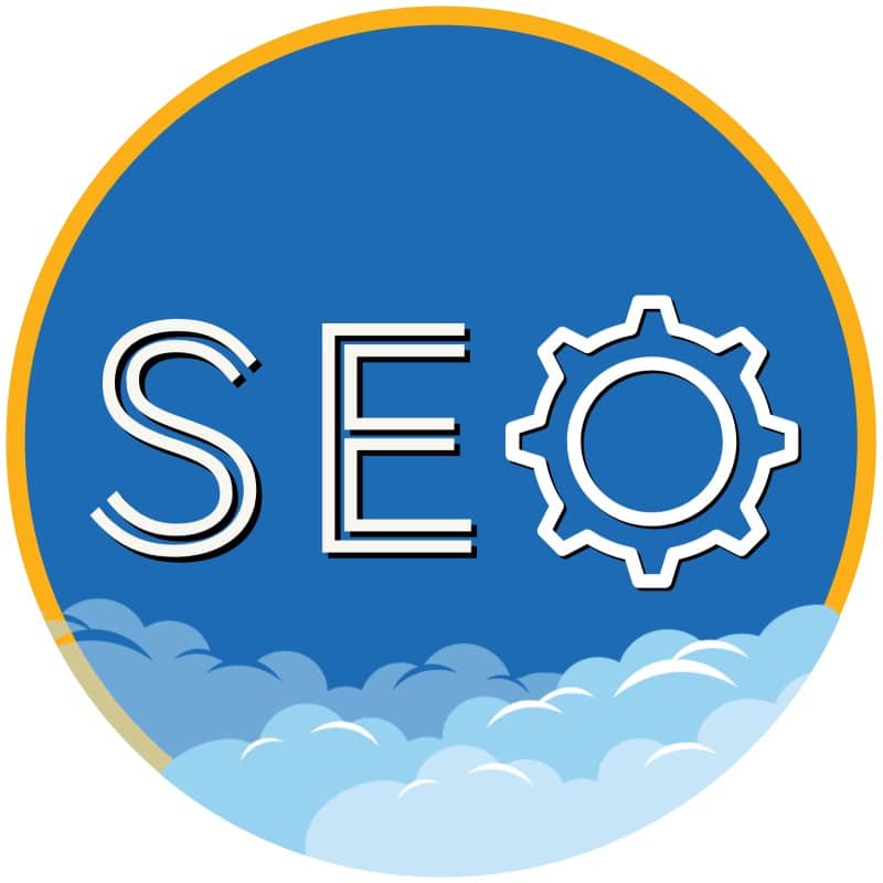 Icon that says SEO with blue background and clouds