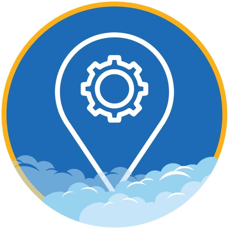 Icon with local map marker and gear with blue background and clouds