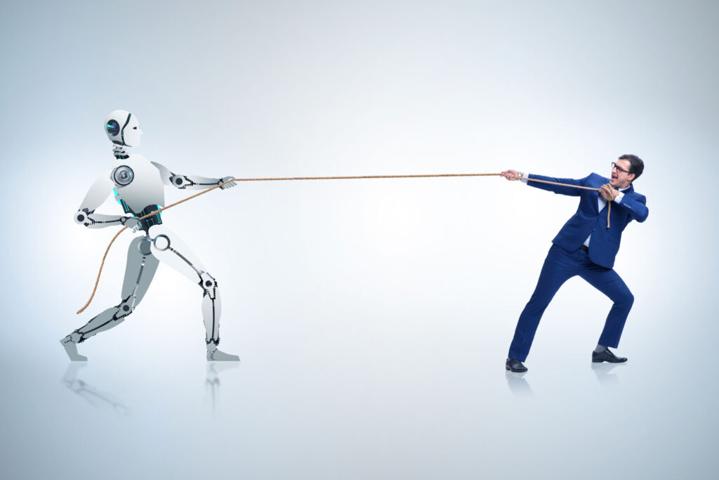 robot pulling on rope in tug of war with human