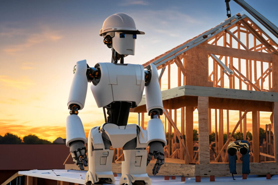 create a construction worker robot on a job site of a residential house at sunset with just the framing built